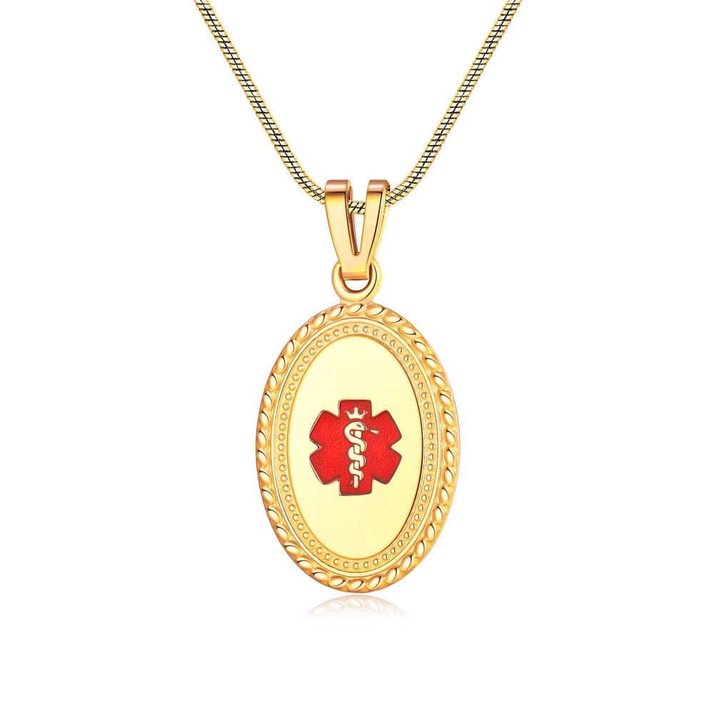Divoti Custom Engraved-PVD Gold Premier Disc Tag Medical Alert Necklace, Medical ID Necklace Women, Medical Pendant Tag and (24/28 in) PVD Gold Snake -TP Red