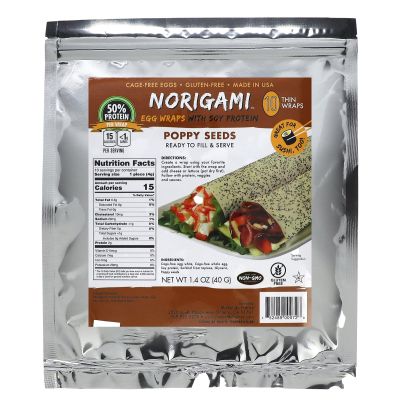 Norigami Egg Wraps with Soy Protein  Poppy Seeds. High Protein, Low Carb, Vegetarian. Thin Healthy Wraps -Certified Kosher, Non-GMO, Gluten Free -NOW Featuring 10 Wraps in a bag.