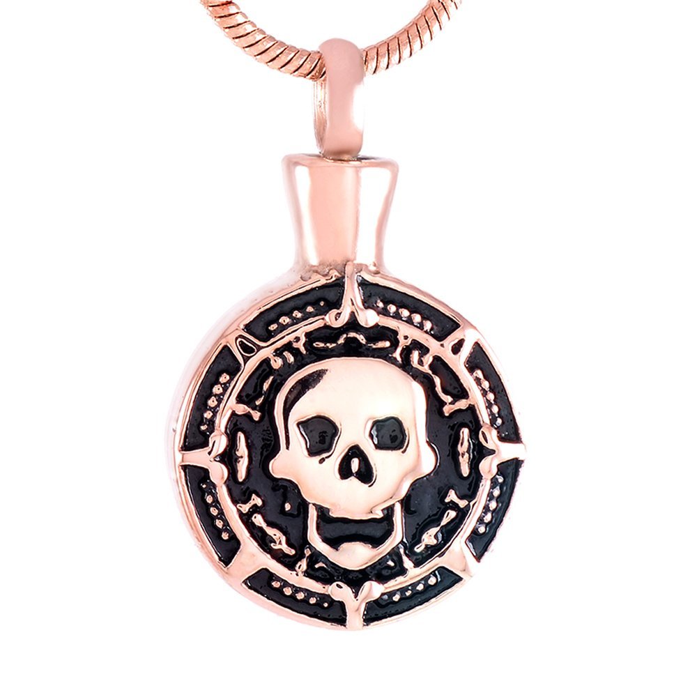 Skull Head Cremation urn Necklace Memorial Jewelry Stainless steel Ashes Keepsake Funeral Casket (Rose Gold)
