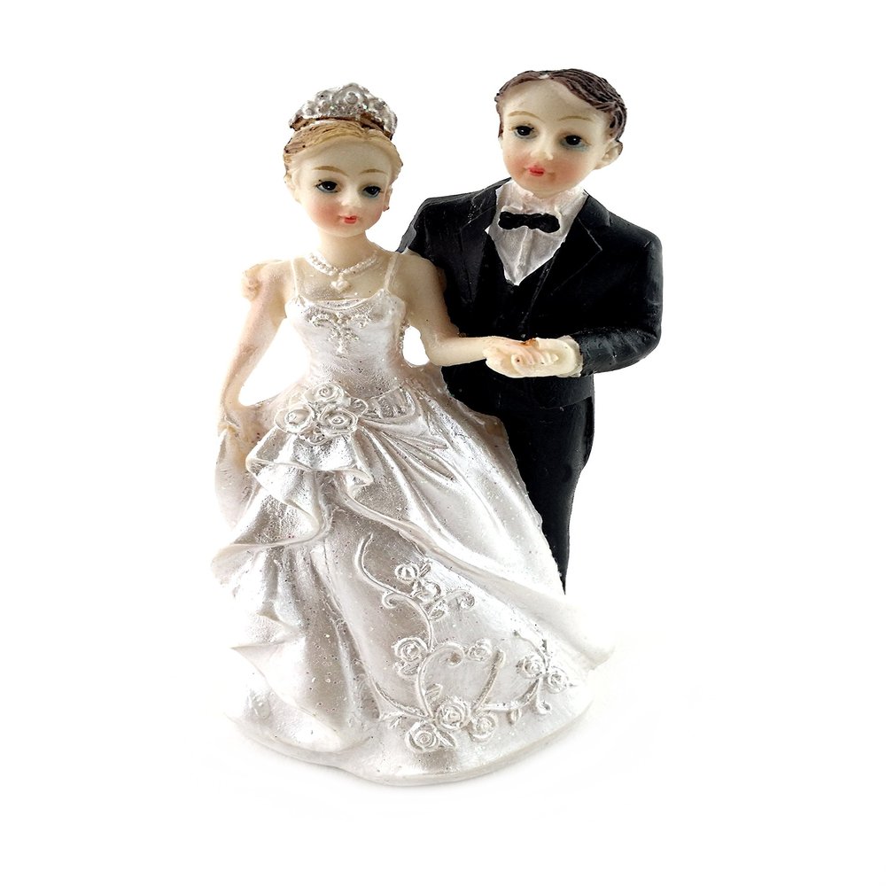 Bride on His Right in Tiara and Groom in Black Tie Cake Top 4.75" Tall