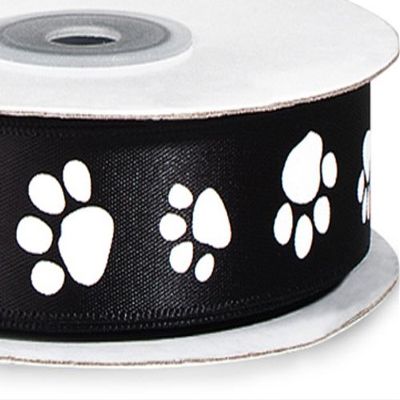 Pack of 1, Black Paw Print Satin Ribbon Single Faced Satin 7/8" X 25 Yards For Pet Packaging