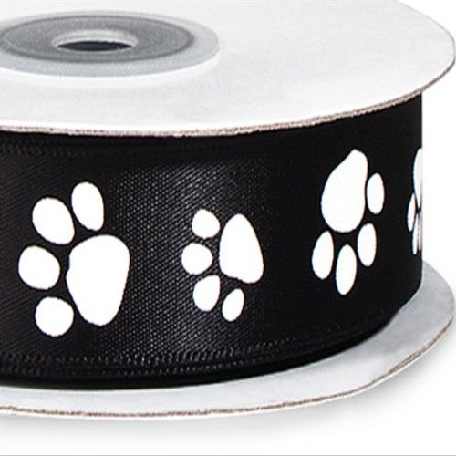 Pack of 1, Black Paw Print Satin Ribbon Single Faced Satin 7/8" X 25 Yards For Pet Packaging