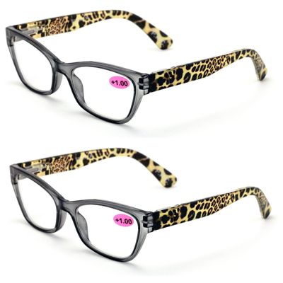 2 Pairs of Stylish Classic Rectangle Reader With Spring Hinges, Women Female Leopard Temple Reading Glasses (2 Gray, 3.00)