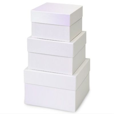 1 Set, Solid Pearl White Nested Boxes Large 3 Piece Square Gift Boxes w/White Interiors In All Occasion & Christmas Designs