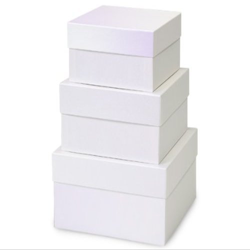 1 Set, Solid Pearl White Nested Boxes Large 3 Piece Square Gift Boxes w/White Interiors In All Occasion & Christmas Designs