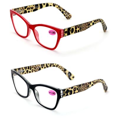 2 Pairs of Stylish Classic Rectangle Reader With Spring Hinges, Women Female Leopard Temple Reading Glasses (1 Black 1 Red, 2.00)
