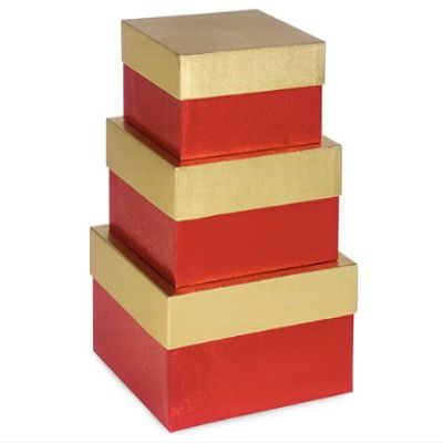 1 Set, Red Scroll Swirl Embossed Nested Boxes Large 3 Piece Square Gift Boxes w/White Interiors In All Occasion & Christmas Designs
