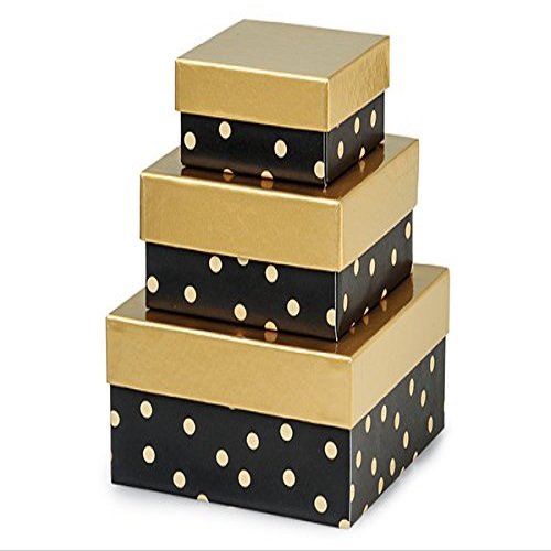 1 Set, Dot Golden Midnight Nested Boxes Small 3 Piece Square Gift Boxes w/White Interiors In All Occasion & Christmas Designs