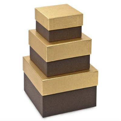 1 Set, Solid Chocolate Embossed Nested Boxes Small 3 Piece Square Gift Boxes w/White Interiors In All Occasion & Christmas Designs