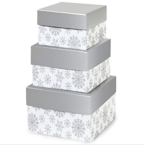 1 Set, Silver Snowflakes Nested Boxes Large 3 Piece Square Gift Boxes w/White Interiors In All Occasion & Christmas Designs