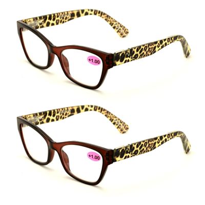 2 Pairs of Stylish Classic Rectangle Reader With Spring Hinges, Women Female Leopard Temple Reading Glasses (2 Brown, 1.50)