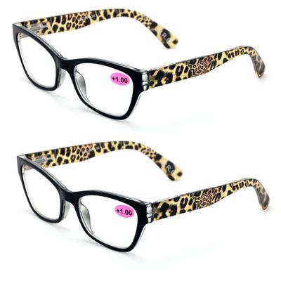 2 Pairs of Stylish Classic Rectangle Reader With Spring Hinges, Women Female Leopard Temple Reading Glasses (2 Black, 1.00)