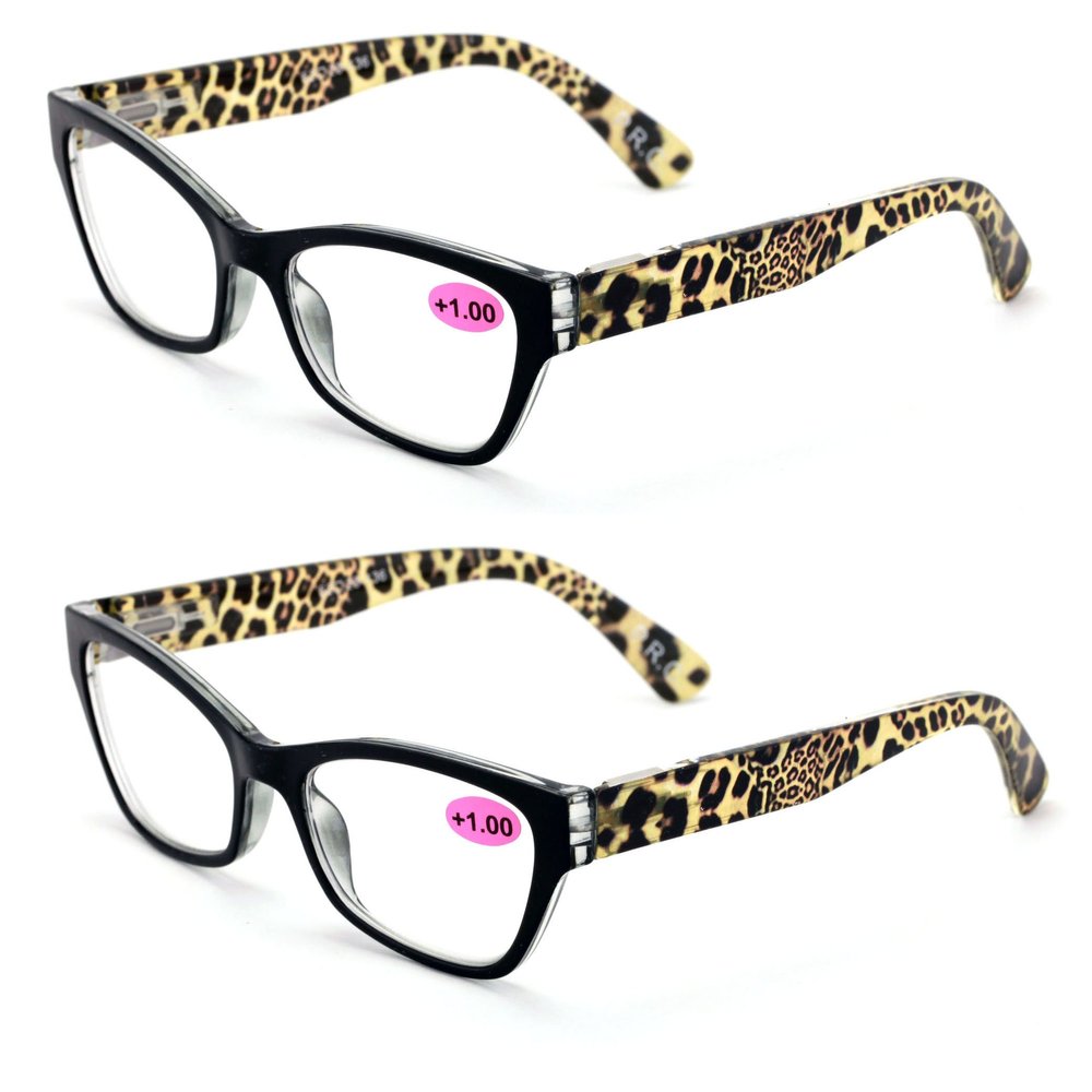 2 Pairs of Stylish Classic Rectangle Reader With Spring Hinges, Women Female Leopard Temple Reading Glasses (2 Black, 1.00)