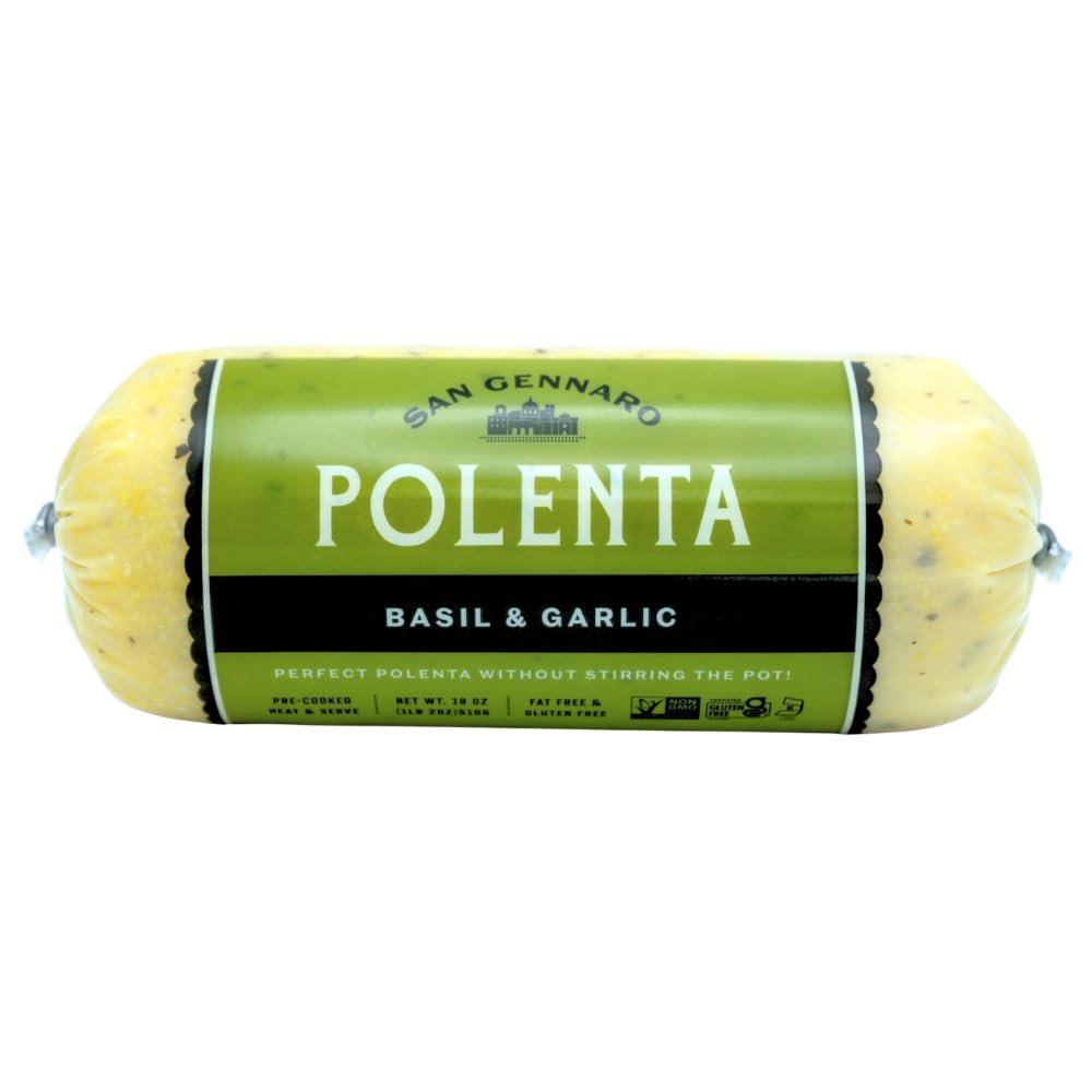 Basil & Garlic Italian Polenta Tube by San Gennaro | Crafted from Non GMO Yellow Corn | Ready for Quick Heat & Serve Instant Grits Easy Gluten Free Dinner | Fine Cornmeal Roll | 18 ounce, Pack of 1