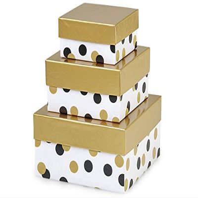 1 Set, Golden Holiday Dots Nested Boxes Small 3 Piece Square Gift Boxes w/White Interiors In All Occasion & Christmas Designs