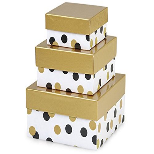 1 Set, Golden Holiday Dots Nested Boxes Small 3 Piece Square Gift Boxes w/White Interiors In All Occasion & Christmas Designs