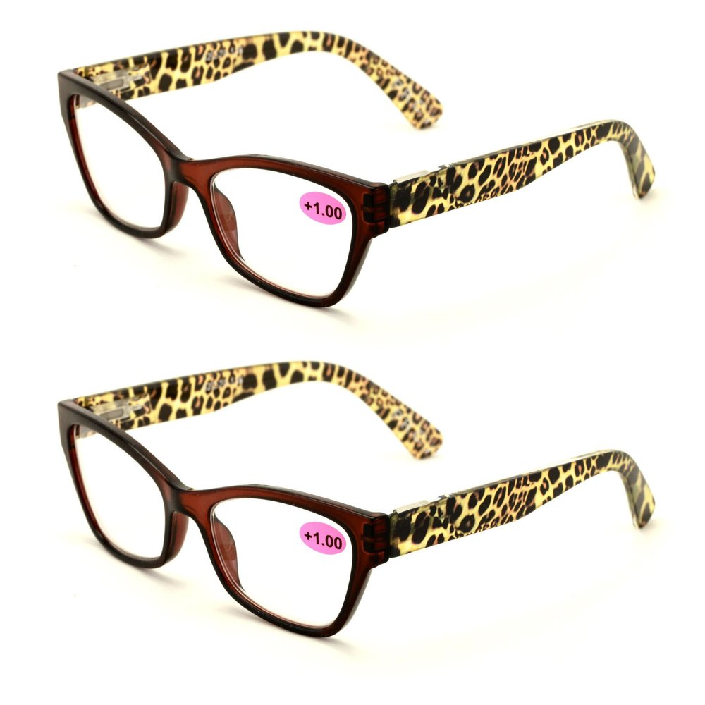 2 Pairs of Stylish Classic Rectangle Reader With Spring Hinges, Women Female Leopard Temple Reading Glasses (2 Brown, 2.00)