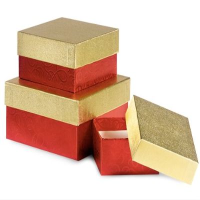 1 Set, Red Scroll Swirl Embossed Nested Boxes Small 3 Piece Square Gift Boxes w/White Interiors In All Occasion & Christmas Designs