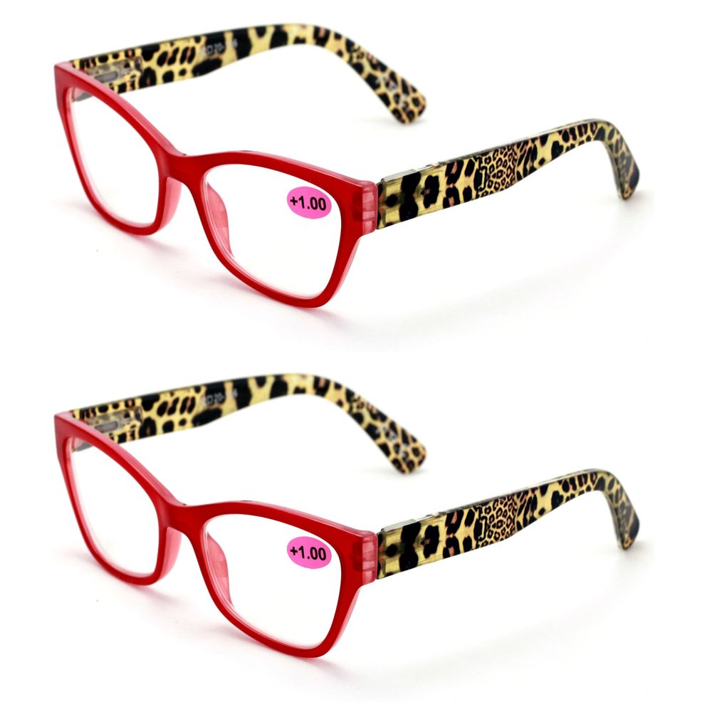 2 Pairs of Stylish Classic Rectangle Reader With Spring Hinges, Women Female Leopard Temple Reading Glasses (2 Red, 3.00)