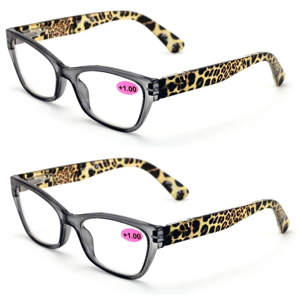 2 Pairs of Stylish Classic Rectangle Reader With Spring Hinges, Women Female Leopard Temple Reading Glasses (2 Gray, 2.00)