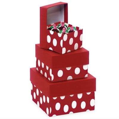 1 Set, Polka Dot Red Nested Boxes Small 3 Piece Square Gift Boxes w/White Interiors In All Occasion & Christmas Designs