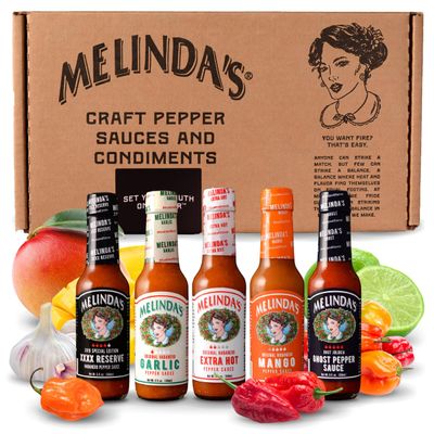 Melindas Hot Sauce Variety Pack - Extra Spicy Gourmet Hot Sauce Gift Set with Variety of Heat Levels - Includes XXXXtra Reserve, Garlic Habanero, Extra Hot, Mango, Ghost Pepper- 5 oz, 5 Pack