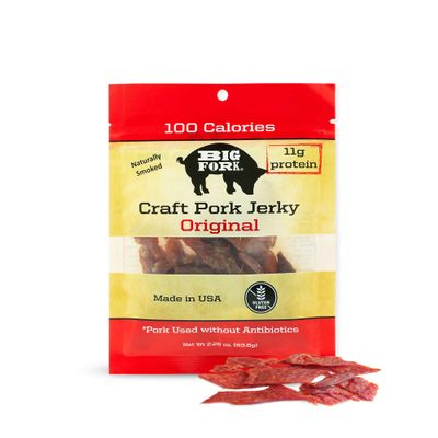 Craft Pork Jerky, Original Flavor, 8 x 2.25 oz Bags Tender, Hickory-Smoked Heritage Pork Jerky | Keto, Paleo, Gluten-Free | High-Protein Snack Big Fork Brands