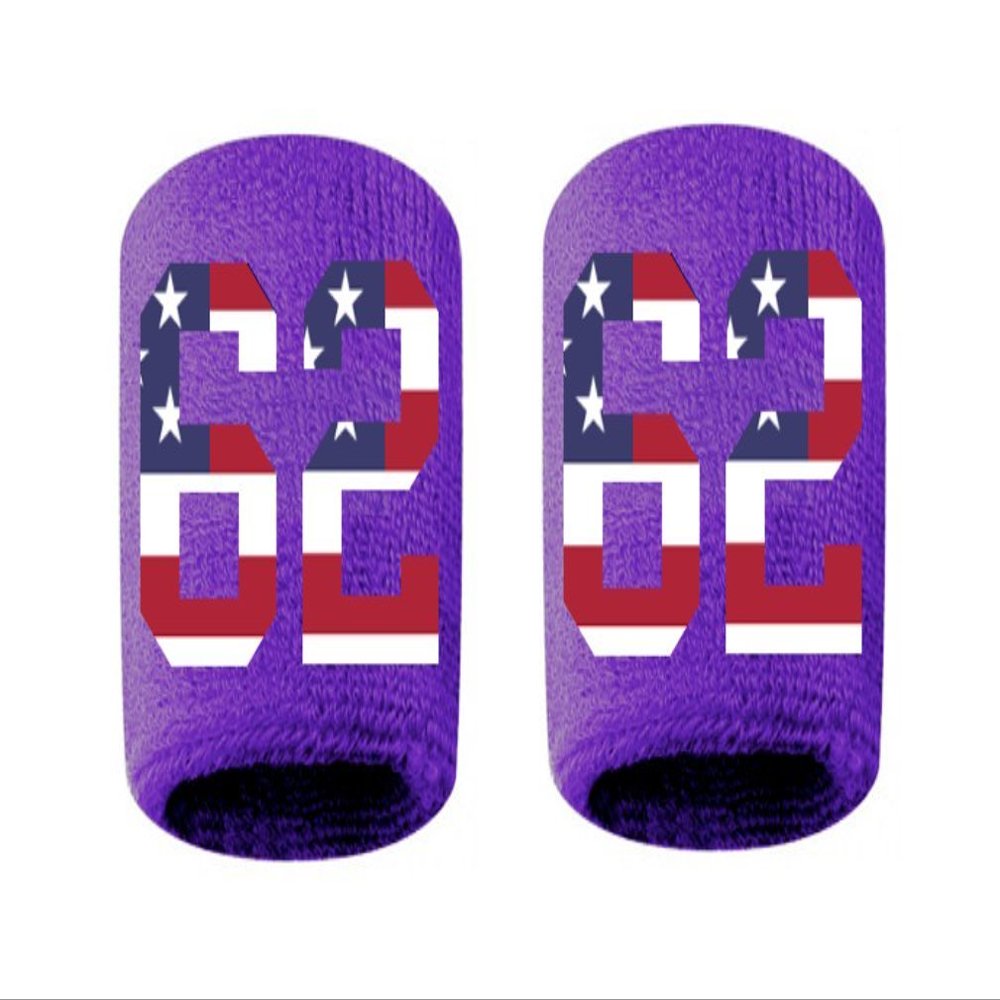 #62 Embroidered/Stitched Sweatband Wristband PURPLE Sweat Band w/ USA AMERICAN FLAG Number (2 Pack)