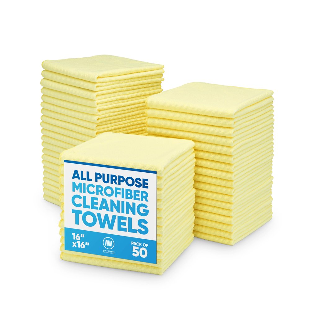Microfiber Wholesale - 16"x16" 50 Pack Microfiber Cleaning Cloths, All-Purpose Shop Rags for Janitorial, Auto Detailing, Restaurants & Home Use Reusable, Machine Washable (Yellow)