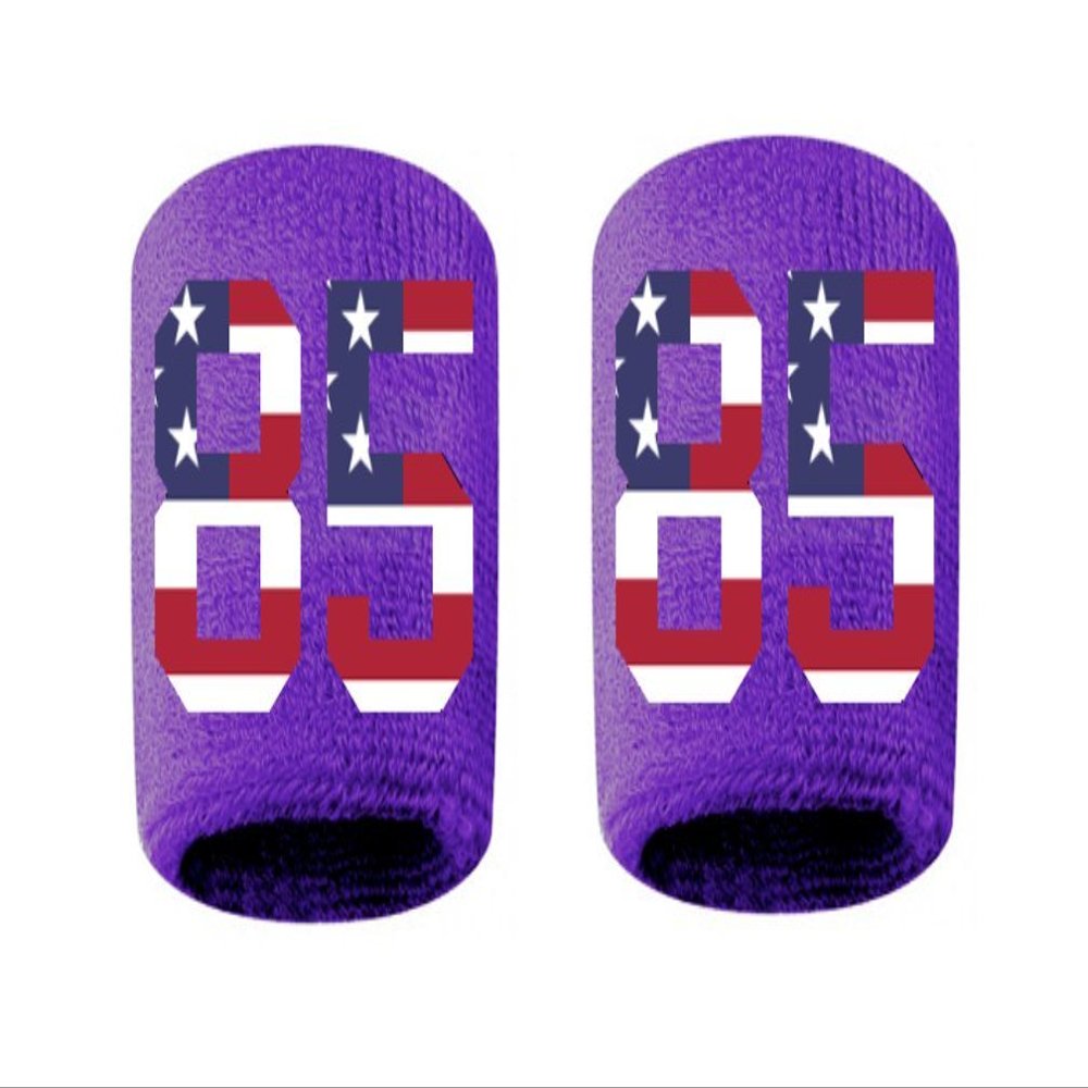 #85 Embroidered/Stitched Sweatband Wristband PURPLE Sweat Band w/ USA AMERICAN FLAG Number (2 Pack)
