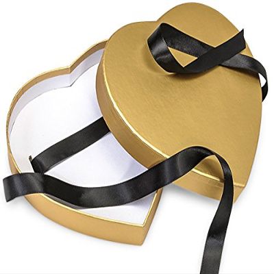 Pack Of 3, Small Solid Gold Matte Heart Candy Gourmet Boxes W/Ribbon Slits 6-3/4 x 6-1/8 x 1-1/4"