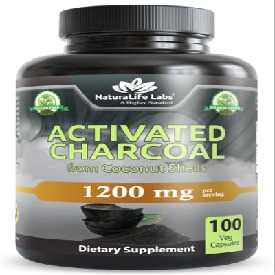 NaturaLife Labs Activated Charcoal 1200 mg per Serving  from Coconut Shells  100 Veg Capsules  Non-GMO, Gluten-Free, Vegan