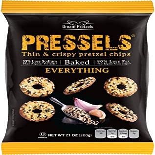 Dream Pretzels Pressels Baked Pretzel Chips, Everything Seasoned, Mini Thin Crisps, Gourmet Snack Bites, Vegan, Low Sodium, Pack of 3 Individual Bags (7.1 oz)