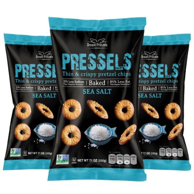 Dream Pretzels Pressels Baked Pretzel Chips, Sea Salt Seasoned, Mini Thin Crisps, Gourmet Snack Bites, Vegan, Low Sodium, Pack of 3 Individual Bags (7.1 oz)