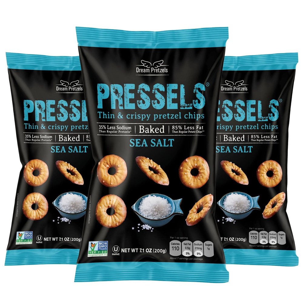 Dream Pretzels Pressels Baked Pretzel Chips, Sea Salt Seasoned, Mini Thin Crisps, Gourmet Snack Bites, Vegan, Low Sodium, Pack of 3 Individual Bags (7.1 oz)