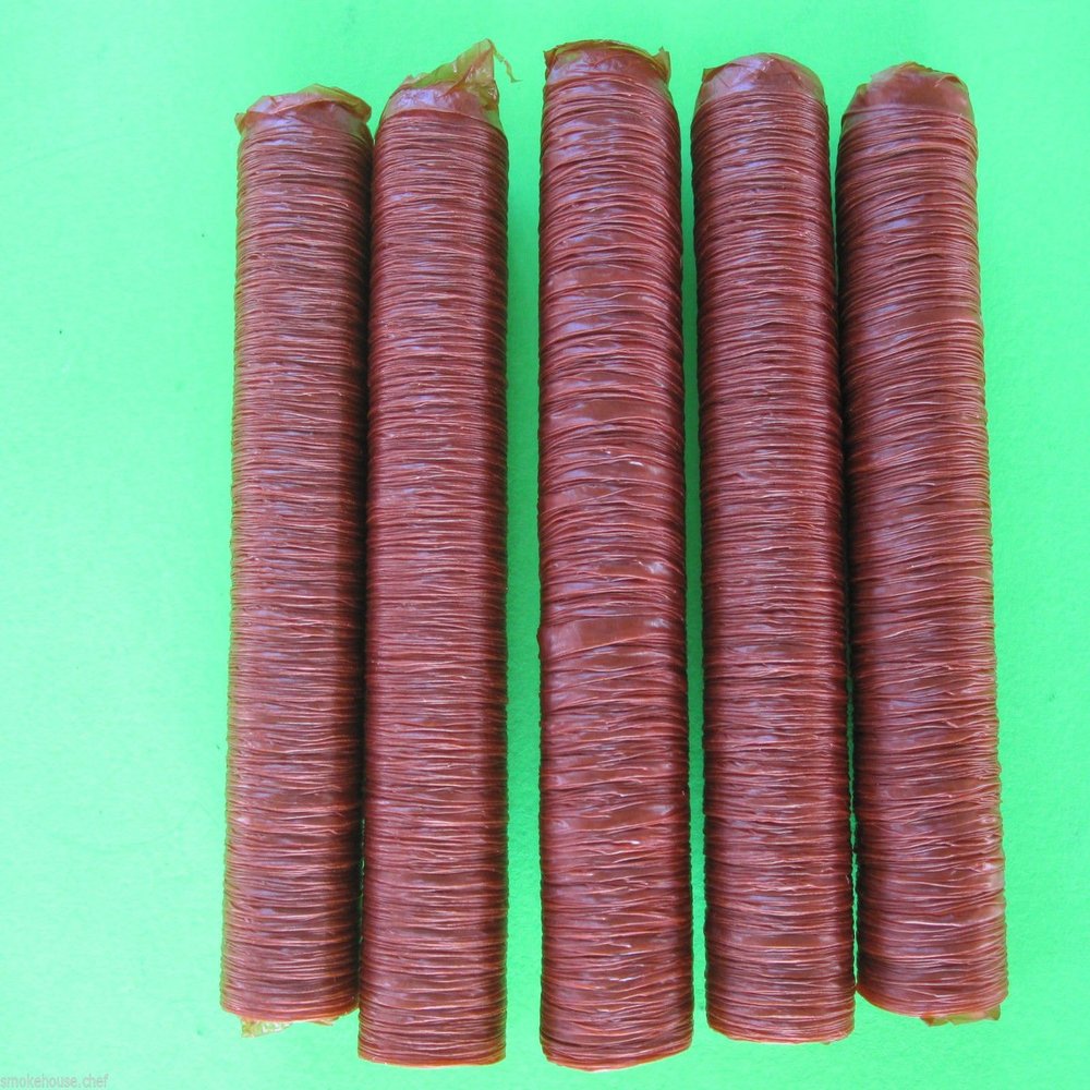 19 mm Slim Jim and Buck Stick Casings. Beef collagen product. Easy to use. 5 strands for smart usage. Makes 24 lbs of sticks