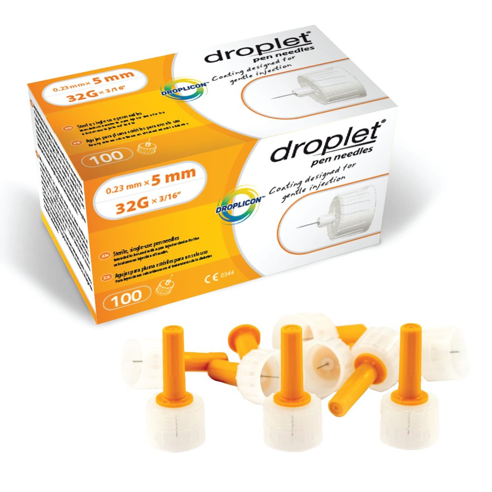 Droplet Pen Needles, 32G 5mm, Diabetic Needles for Insulin Injections, 100ct Box, Compatible with Most Pen Injectors