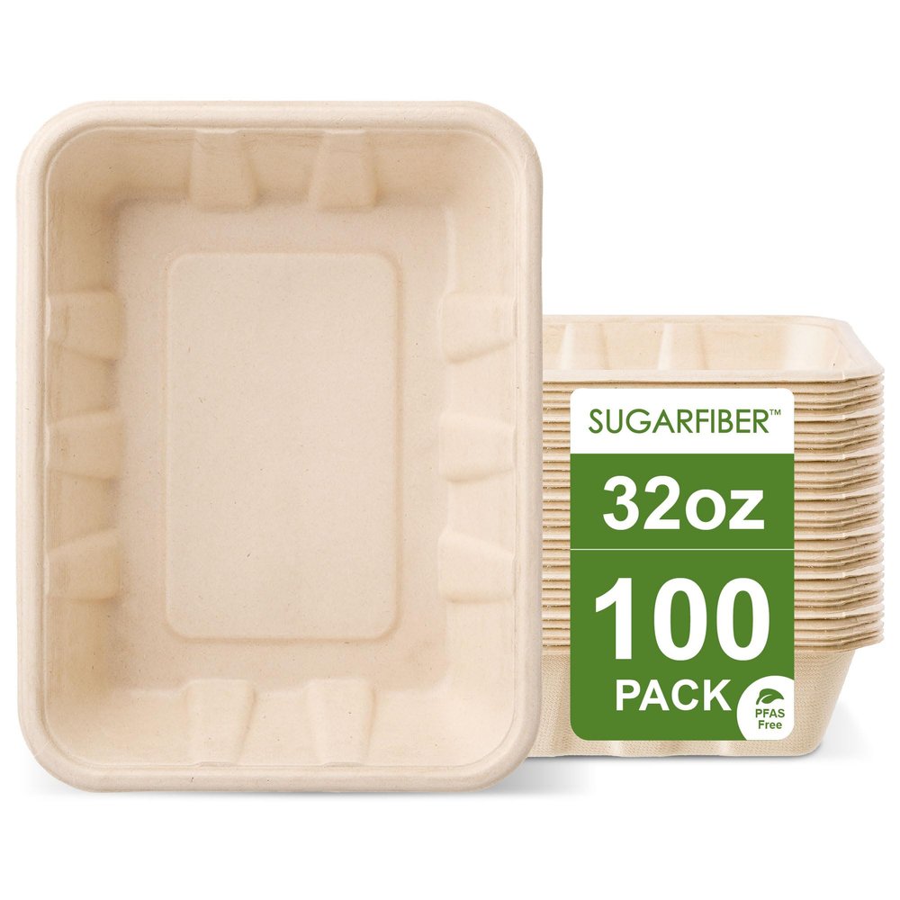 [100 COUNT]Harvest Pack 32 oz Compostable Food Trays, 8.49" x 6.45" x 1.86" Disposable PFAS FREE Food Container, Bagasse Rectangle Paper Plates, Sugarcane Eco-Friendly Plant Fibers, No Lids included