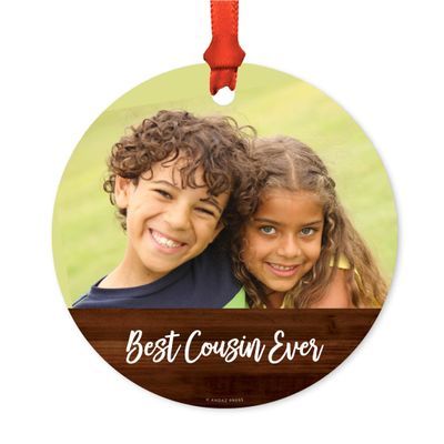 Andaz Press Photo Personalized Christmas Ornament, Rustic Wood, Best Cousin Ever, 1-Pack, Includes Ribbon and Gift Bag, Custom Image
