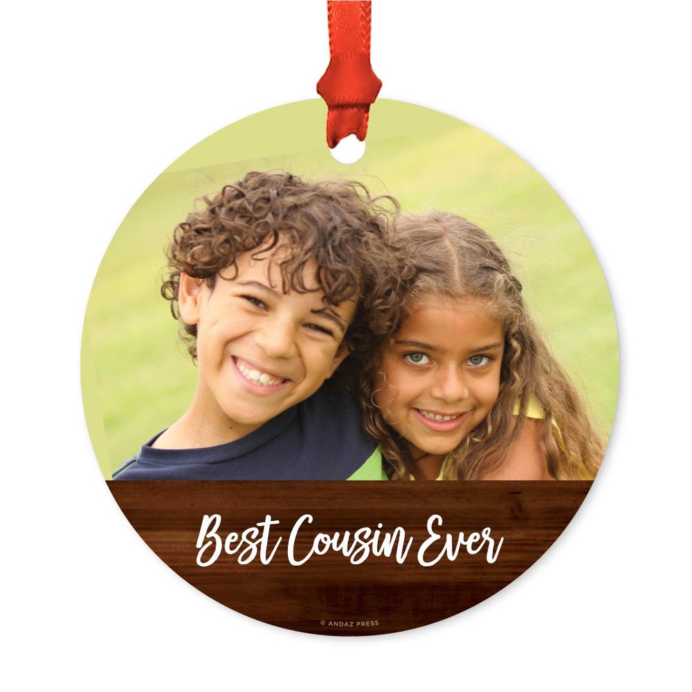 Andaz Press Photo Personalized Christmas Ornament, Rustic Wood, Best Cousin Ever, 1-Pack, Includes Ribbon and Gift Bag, Custom Image