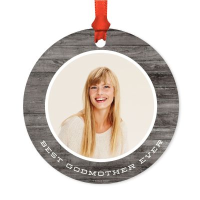 Andaz Press Photo Personalized Christmas Ornament, Gray Rustic Wood, Best Godmother Ever, 1-Pack, Includes Ribbon and Gift Bag, Custom Image