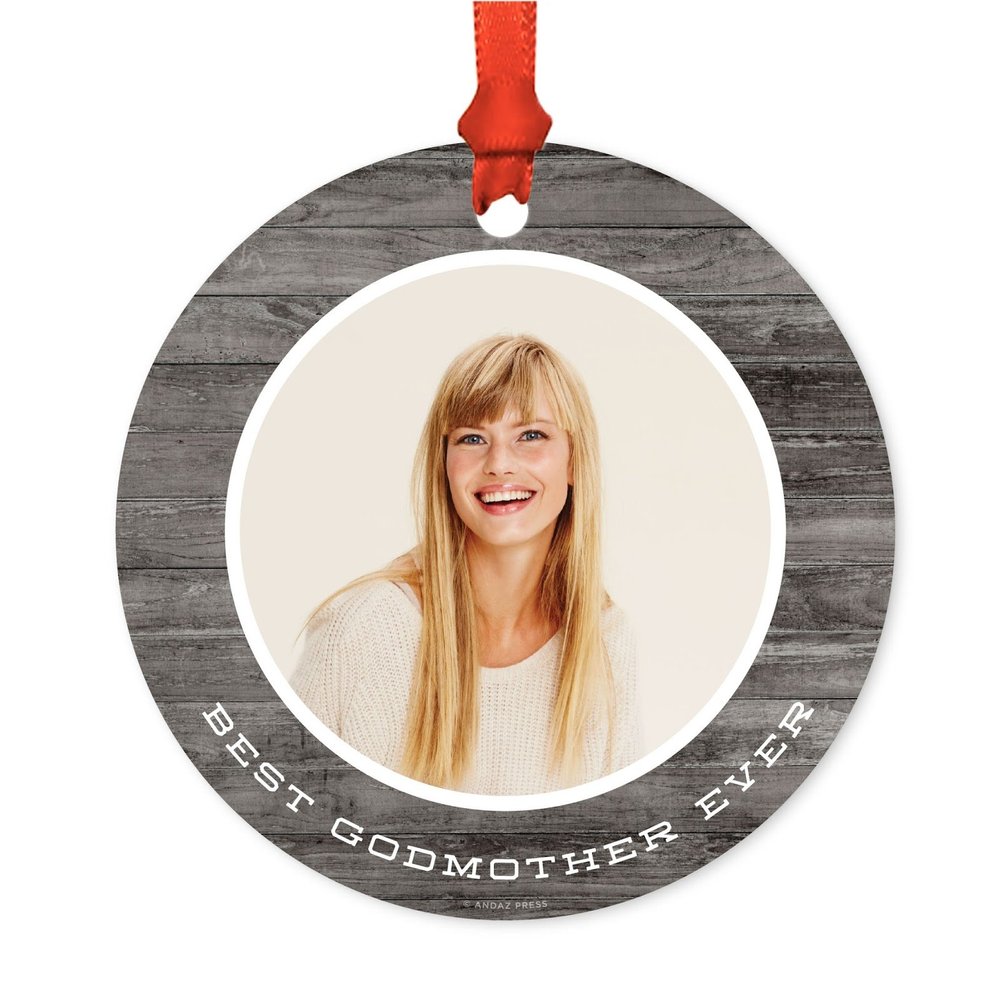 Andaz Press Photo Personalized Christmas Ornament, Gray Rustic Wood, Best Godmother Ever, 1-Pack, Includes Ribbon and Gift Bag, Custom Image