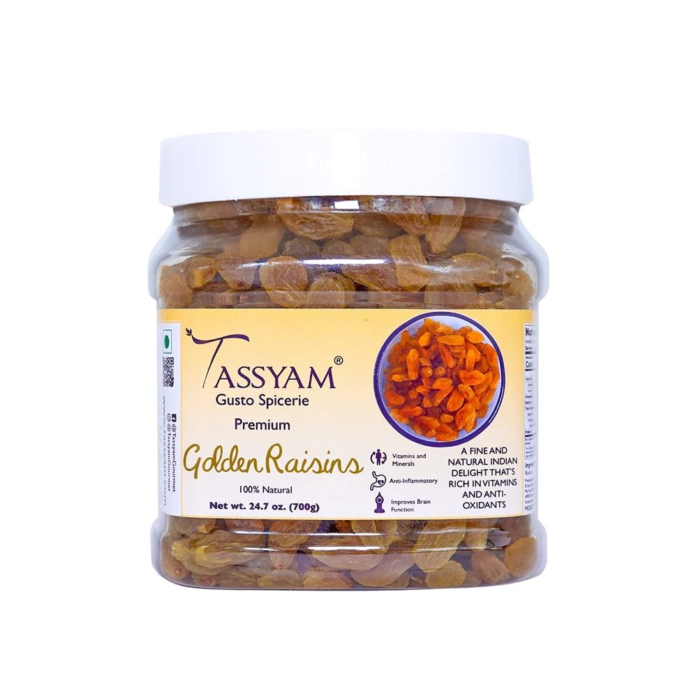 Tassyam Golden Raisins Healthy Juicy Hand-Sorted Jumbo Indian Kishmish Jar, 700g
