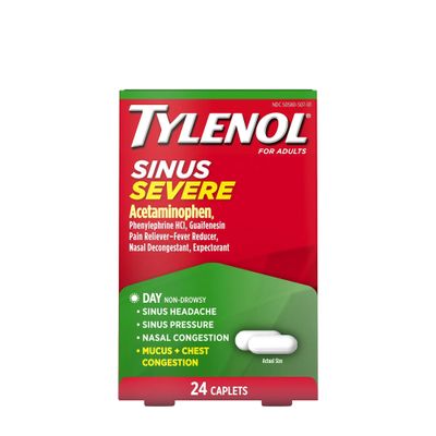 Tylenol Sinus Severe Daytime Caplets with Acetaminophen 325mg, Guaifenesin 200mg & Phenylephrine HCl 5mg, Non-Drowsy Pain Reliever, Expectorant & Nasal Decongestant, 24 ct