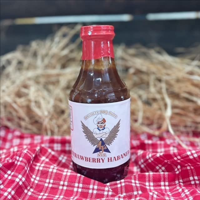 4 J's NVR Specialty Sauce, Strawberry Habanero, 16 oz, Small Batch, NO thickeners or preservatives, Gluten Free, Vegetarian, Fruit Based Sauce