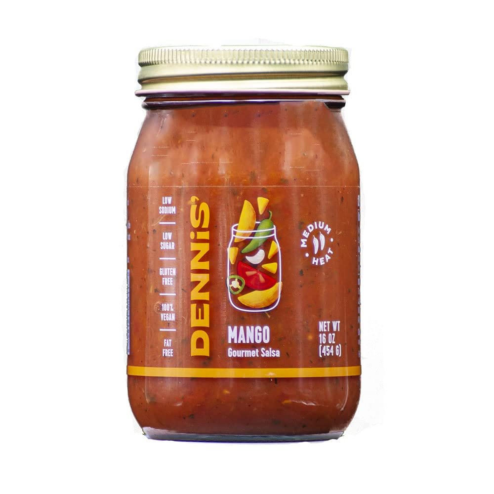 All-Natural Mango Salsa by Dennis Gourmet | This fresh, hearty restaurant salsa is low in sugar, calories, carbs, and sodium. Fat and gluten-free, vegan! Includes 1-16 oz jar.