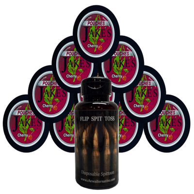 Jake's Mint Chew Cherry Pouch - 10 Cans - Includes Mud Bud Disposable Spittoon (Bullets MB)