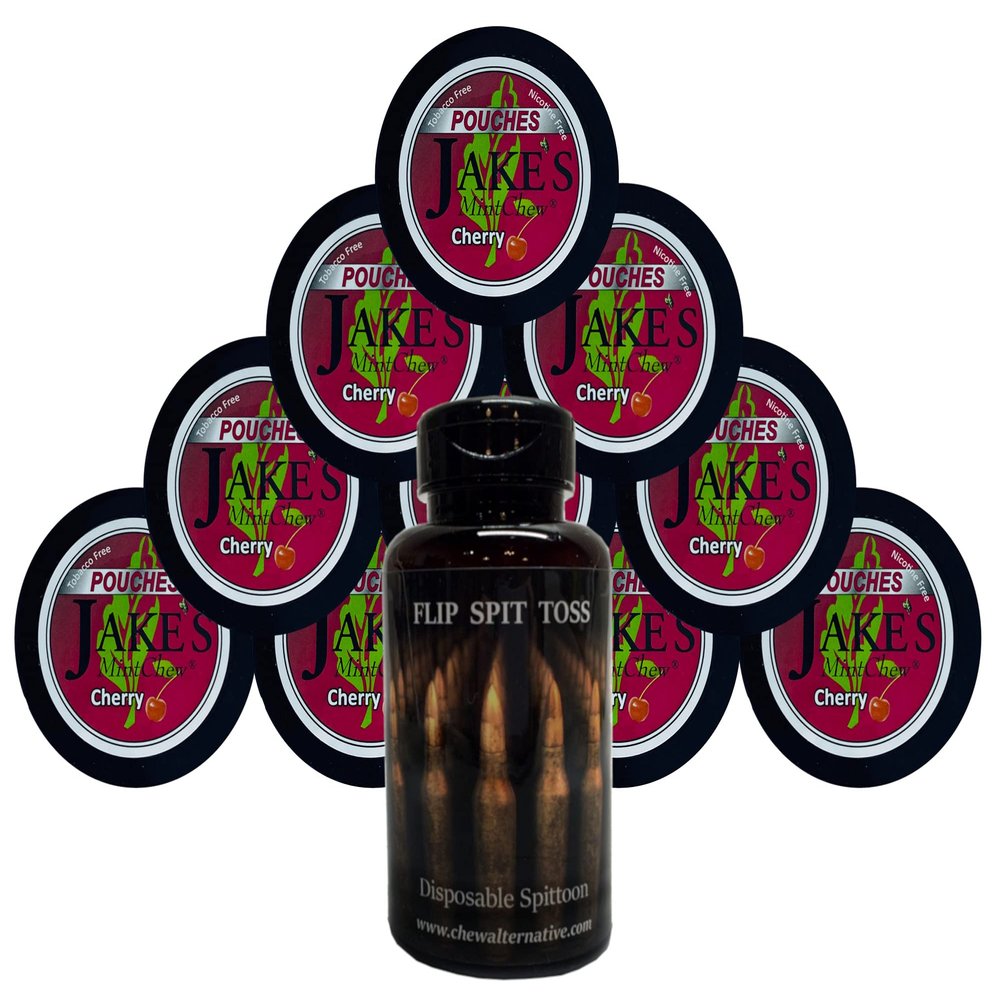 Jake's Mint Chew Cherry Pouch - 10 Cans - Includes Mud Bud Disposable Spittoon (Bullets MB)