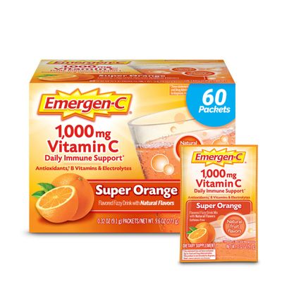 Emergen-C 1000mg Vitamin C Powder for Daily Immune Support Caffeine Free Vitamin C Supplements with Zinc and Manganese, B Vitamins and Electrolytes, Super Orange Flavor - 60 Count/2 Month Supply