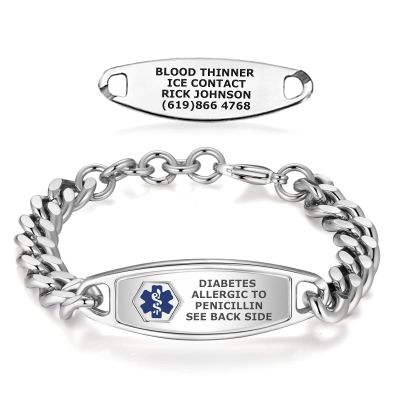 Divoti Medical Alert Bracelets for Men, Custom Engraved Steelman Medical ID Bracelet, w/Adjustable Large Curb Chain Deep Blue